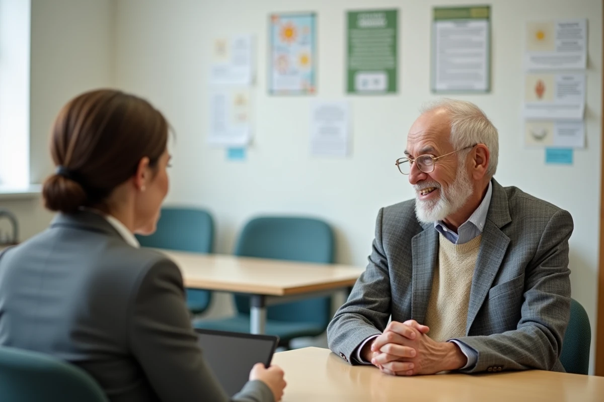 Travailleuse sociale accompagnant un senior dans ses démarches d'aide à domicile Bienvéo