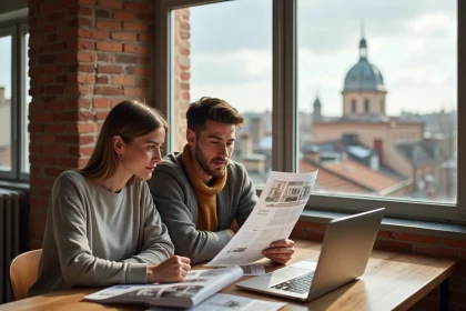 Couple consultant des annonces immobilières sur ordinateur dans un appartement moderne de Toulouse avec vue sur le Capitole
