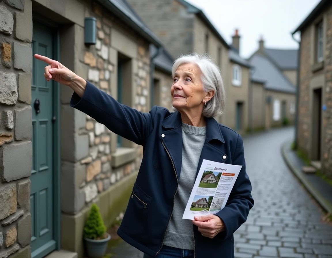 Femme consultant une annonce immobilière devant une maison de pêcheur en pierre dans un village breton côtier