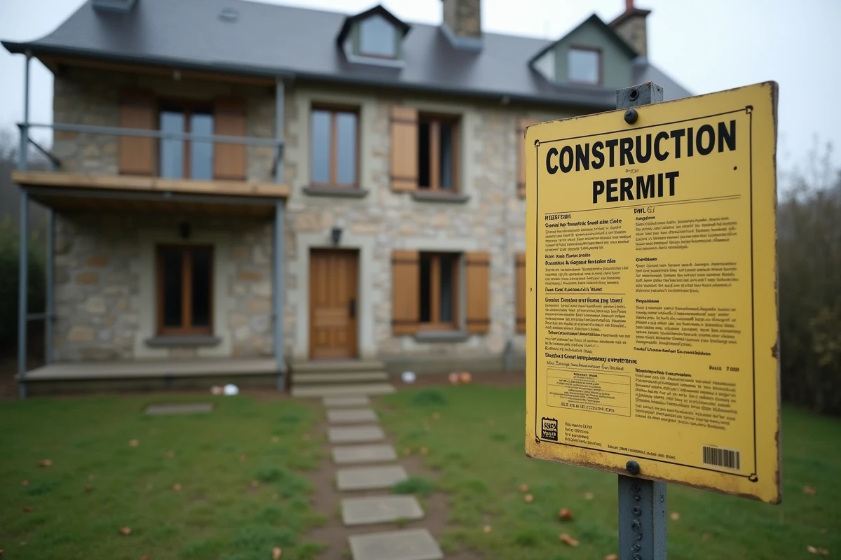 Panneau jaune de permis de construire fixé devant une maison en rénovation avec échafaudage dans un village français