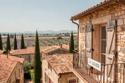 Vue panoramique d'un village provençal avec toits en tuiles, champs de lavande et appartements à louer en Provence-Alpes-Côte d'Azur
