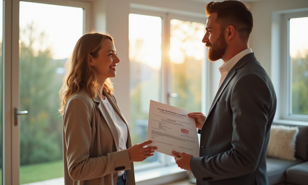 Agent immobilier tenant un certificat de performance énergétique discutant avec un propriétaire dans un salon lumineux