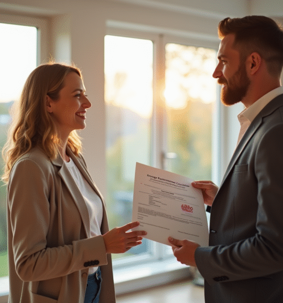 Agent immobilier tenant un certificat de performance énergétique discutant avec un propriétaire dans un salon lumineux