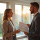 Agent immobilier tenant un certificat de performance énergétique discutant avec un propriétaire dans un salon lumineux