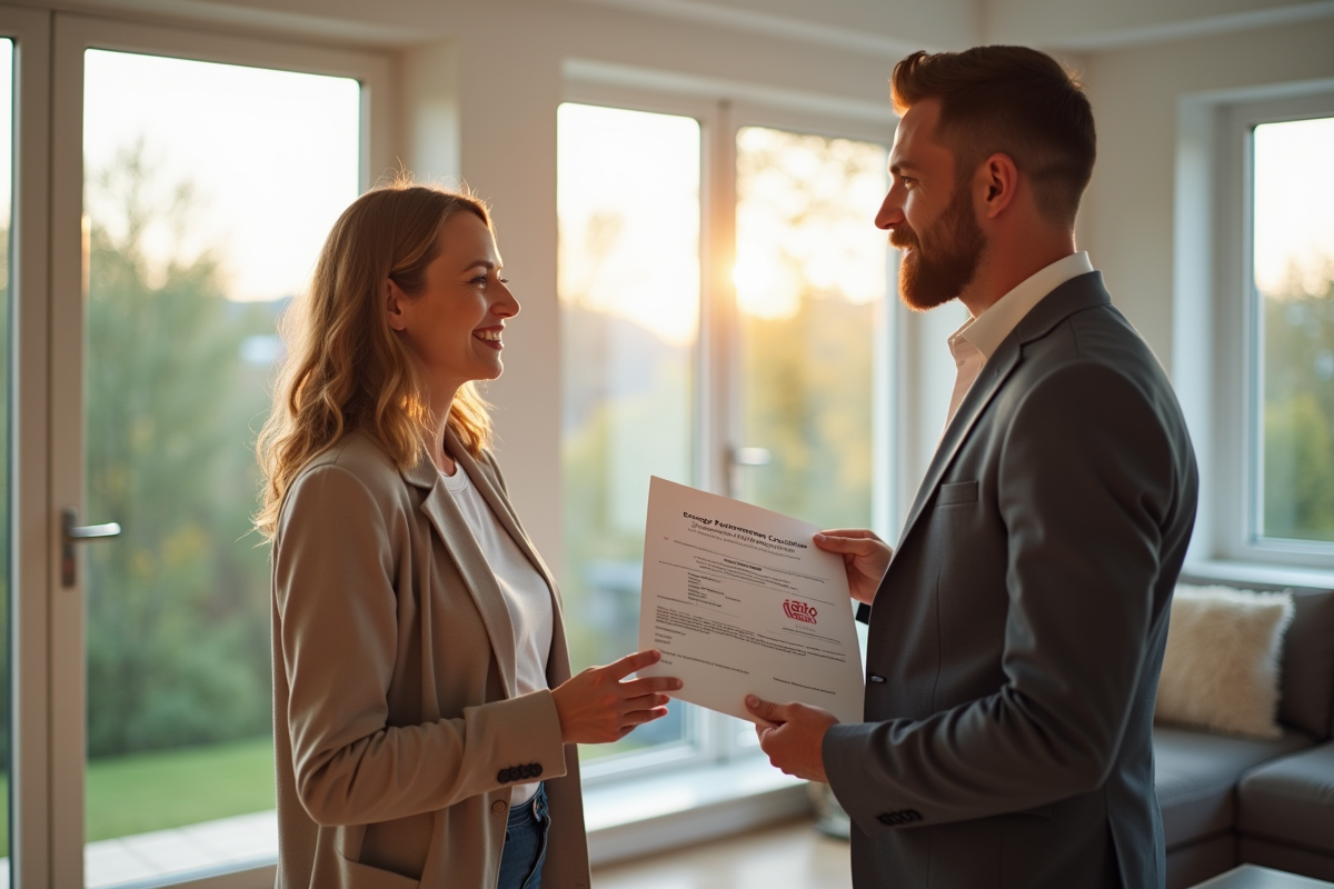 Agent immobilier tenant un certificat de performance énergétique discutant avec un propriétaire dans un salon lumineux