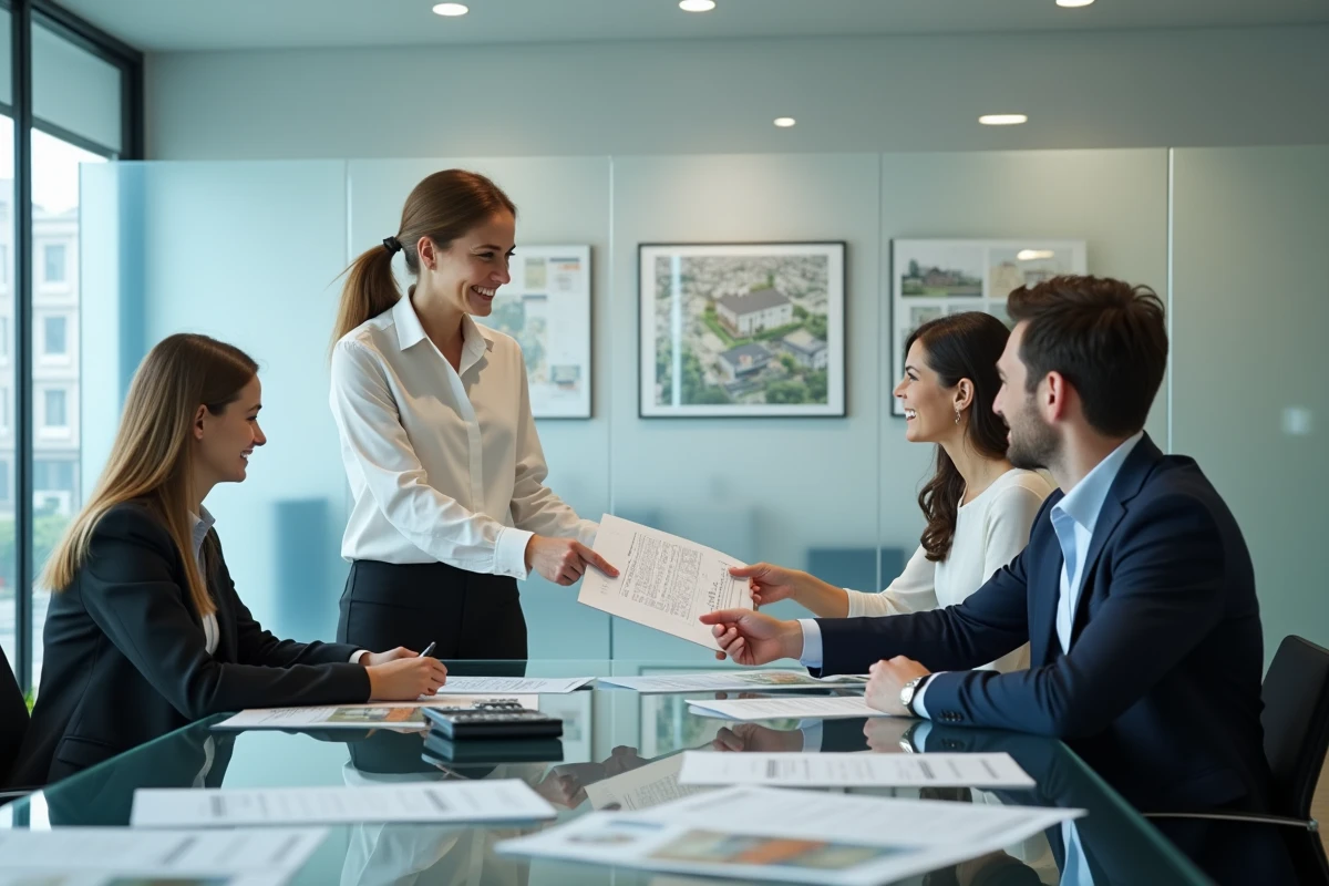 Agent immobilier remettant un contrat signé à des acquéreurs lors d'une transaction locative