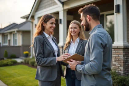 Agent immobilier discutant avec un couple devant une maison moderne