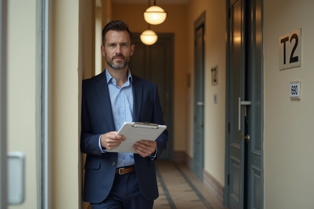 Agent immobilier tenant un dossier de rendement locatif devant la porte d'un appartement T2 dans un immeuble résidentiel urbain