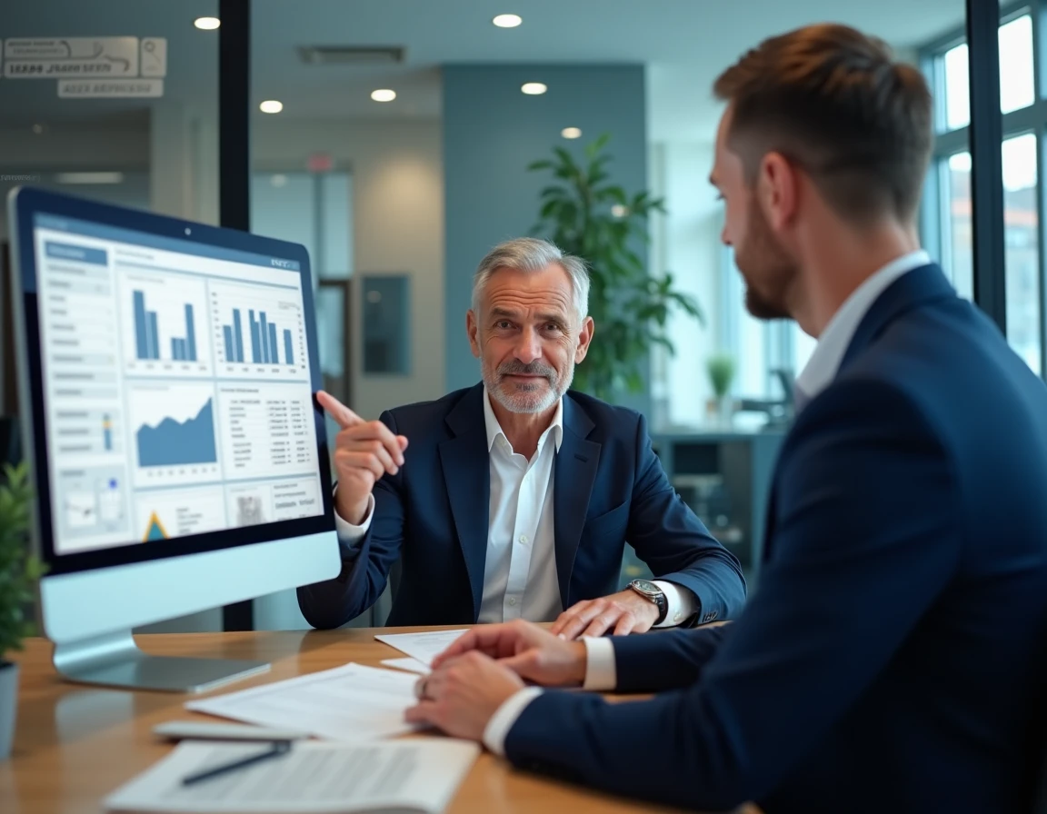 Agent immobilier présentant un rapport d'estimation en ligne à un client dans une agence immobilière moderne