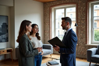 Agent immobilier à Lyon avec couple dans appartement moderne