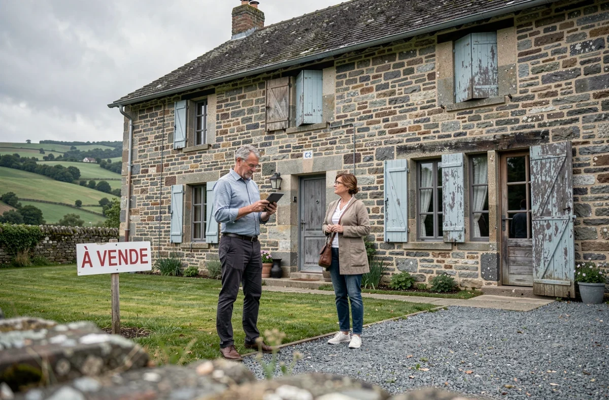 Agent immobilier et propriétaire devant une maison en pierre à vendre en Lozère dans le cadre d'une vente rapide pour divorce