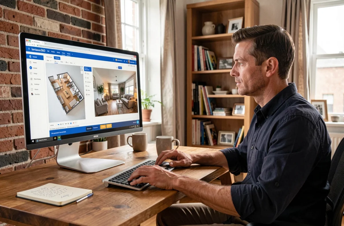Agent immobilier configurant une visite virtuelle maison sur la plateforme lamaison360 depuis son bureau à domicile