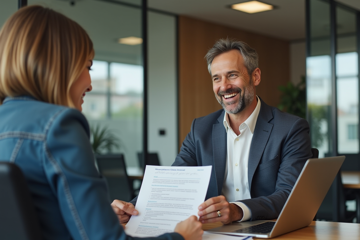 Agent immobilier remettant un contrat de location à un couple