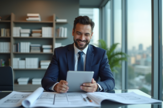 Agent immobilier en costume cravate dans un bureau moderne