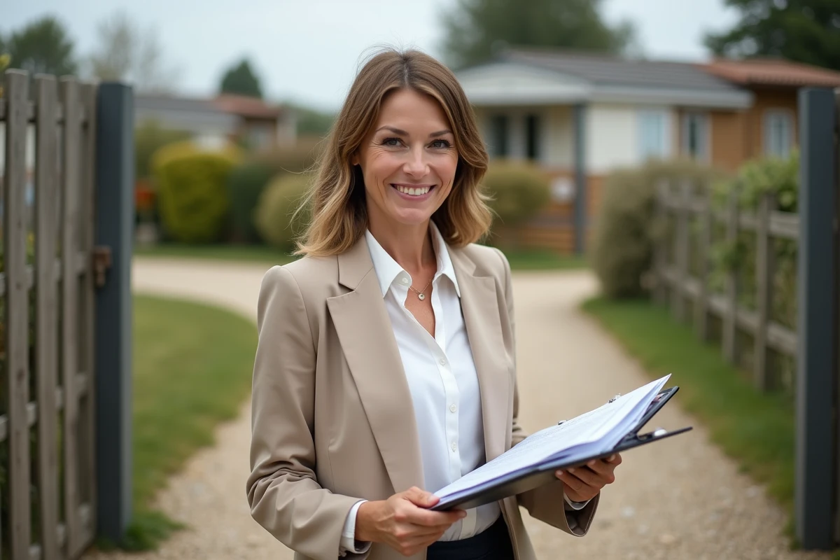 Agent immobilier tenant des documents de vente devant une parcelle clôturée avec un mobil home résidentiel