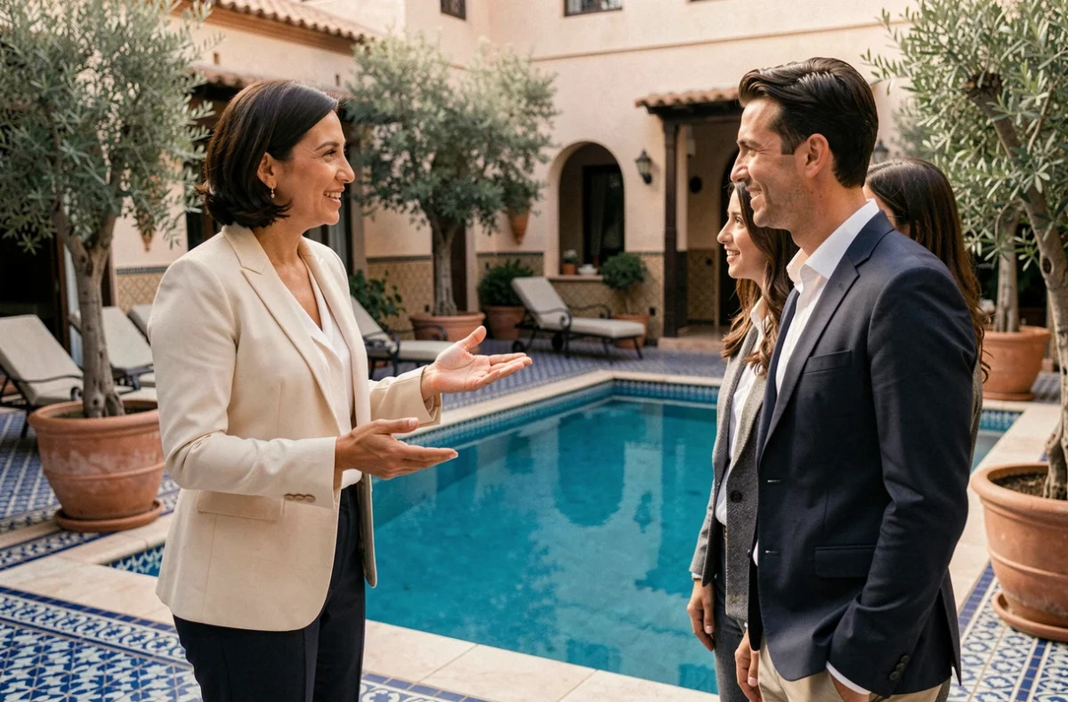 Agent immobilier présentant une villa avec piscine à Marrakech à des acheteurs potentiels sur la terrasse en zellige