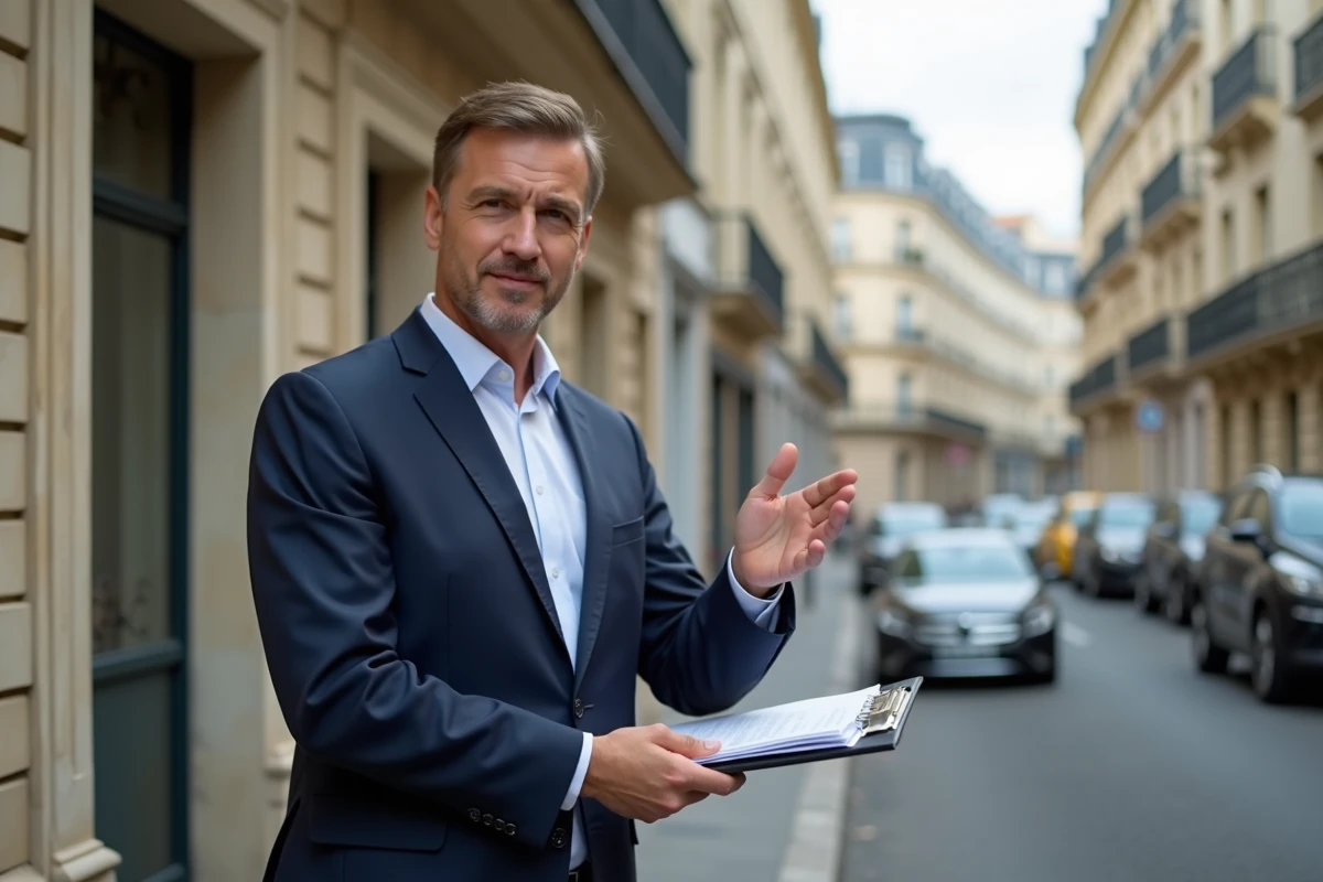 Agent immobilier présentant un bien locatif en zone tendue devant un immeuble haussmannien
