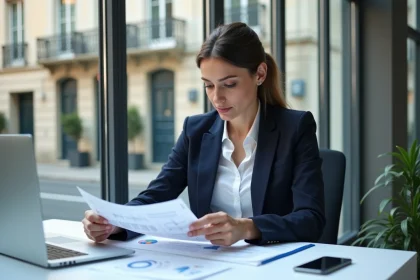 Agente immobilière évaluant le prix d'un bien à Lyon dans une agence moderne avec documents de valorisation immobilière