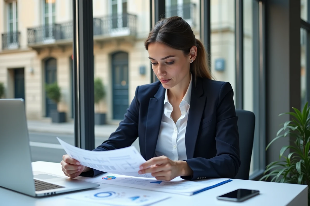 Agente immobilière évaluant le prix d'un bien à Lyon dans une agence moderne avec documents de valorisation immobilière