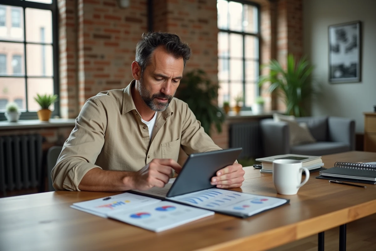 Homme analysant des données immobilières comparatives sur tablette à son domicile pour préparer une négociation d'achat
