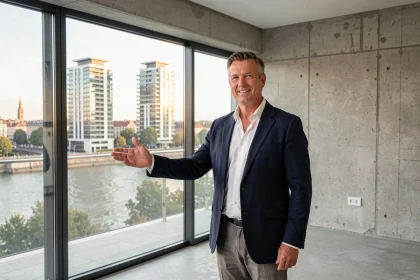 Agent immobilier présentant un appartement neuf avec vue sur Lyon et le Rhône, illustrant l'investissement dans l'immobilier neuf