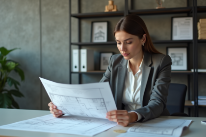 Femme d'affaires examine des plans architecturaux dans un bureau