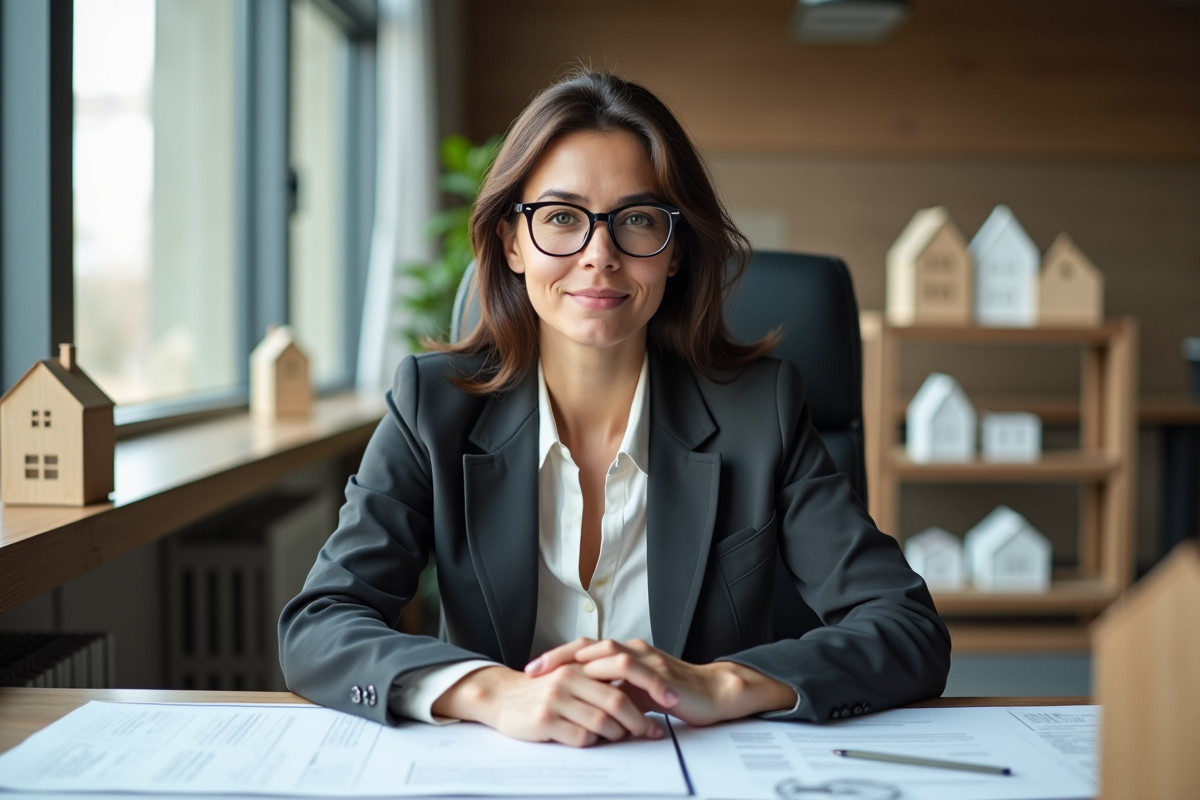 Architecte femme dans son bureau avec documents et maquettes