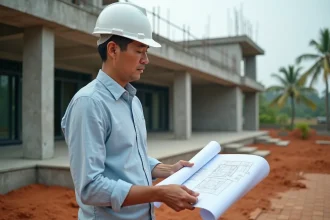 Architecte thaïlandais en casque de chantier examinant des plans devant une villa en construction en Thaïlande