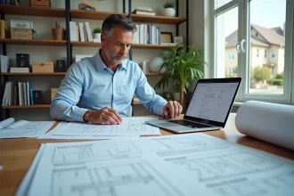 Architecte consultant des documents de permis de construire sur un bureau en bois dans un bureau à domicile moderne