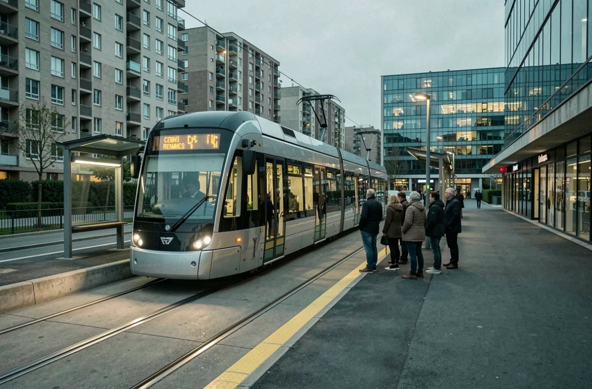 Arrêt de tramway en périphérie de Rennes avec immeubles HLM et navetteurs au crépuscule
