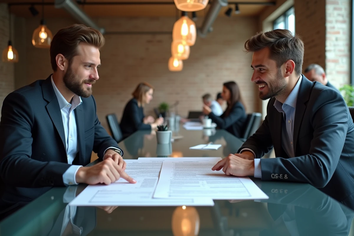 Deux associés qui examinent les statuts d'une SCI ensemble dans un espace de coworking