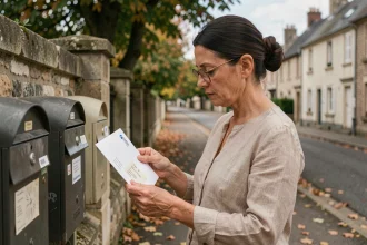 Femme examinant une enveloppe officielle dans une boîte aux lettres d'une rue résidentielle française pour identifier le propriétaire d'une maison