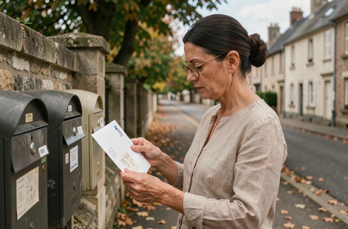 Femme examinant une enveloppe officielle dans une boîte aux lettres d'une rue résidentielle française pour identifier le propriétaire d'une maison