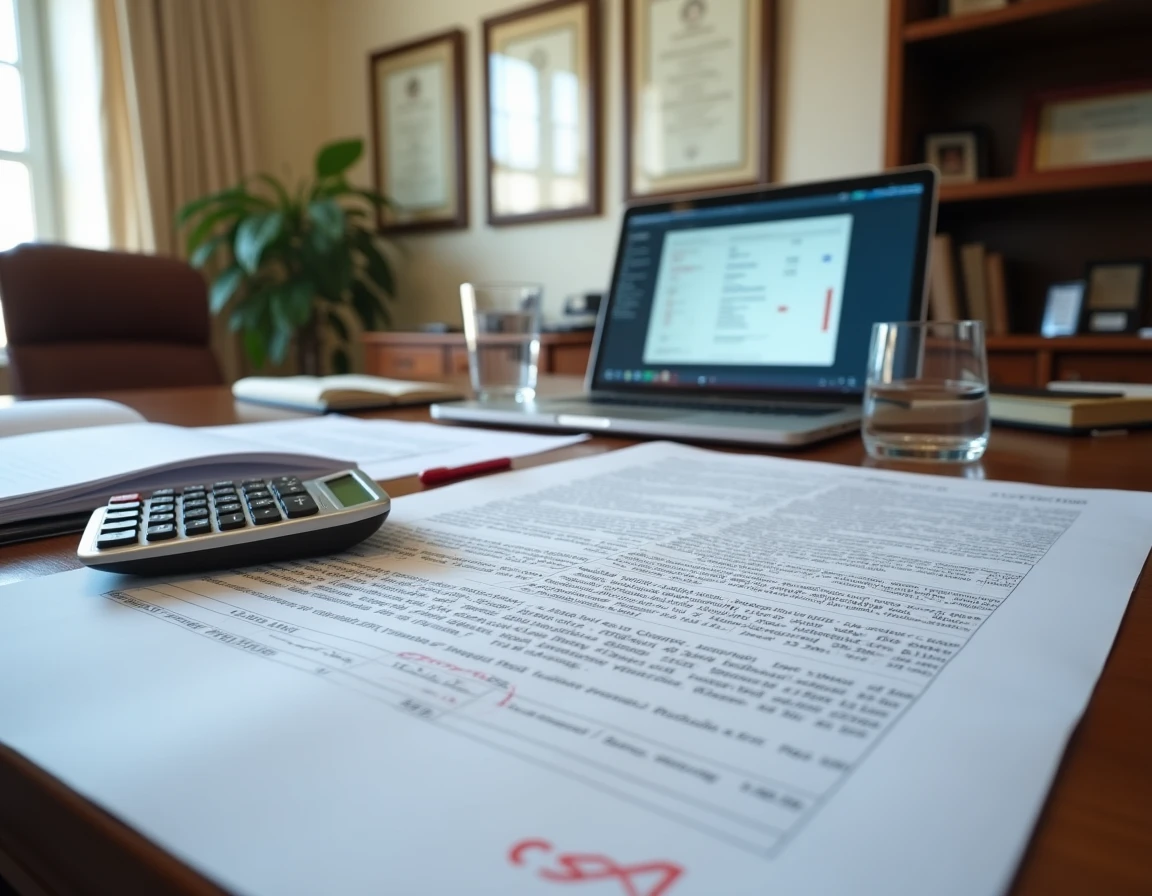 Bureau de notaire avec contrat viager, tableur Excel ouvert sur ordinateur portable et calculatrice financière montrant des erreurs de formule