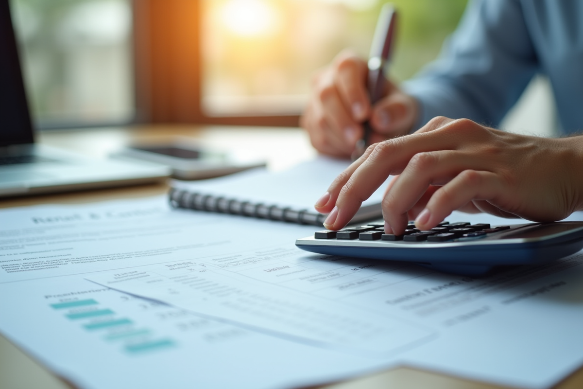 Main sur calculatrice avec contrats de location et carnet de notes