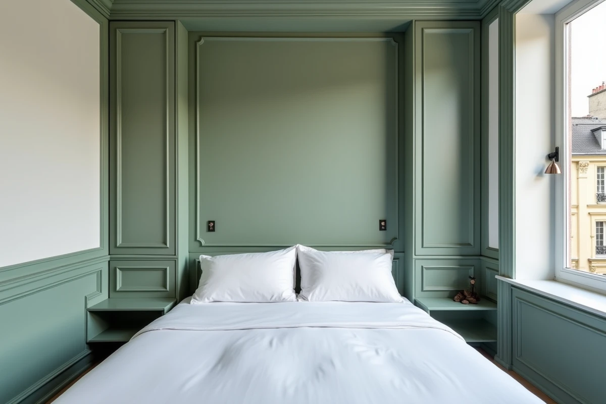 Chambre d'appartement haussmannien avec tête de lit rangement sur mesure, moulures blanches et vue sur les toits de Paris