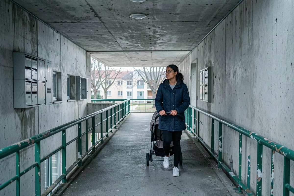 Jeune femme avec une poussette dans la galerie piétonne couverte de la Cité Pablo Picasso à Nanterre, passerelle en béton typique de l'architecture des grands ensembles