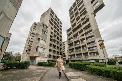 Vue en contre-plongée des tours de la Cité Pablo Picasso à Nanterre avec une passante sur le chemin piétonnier, architecture brutaliste en béton des années 1970