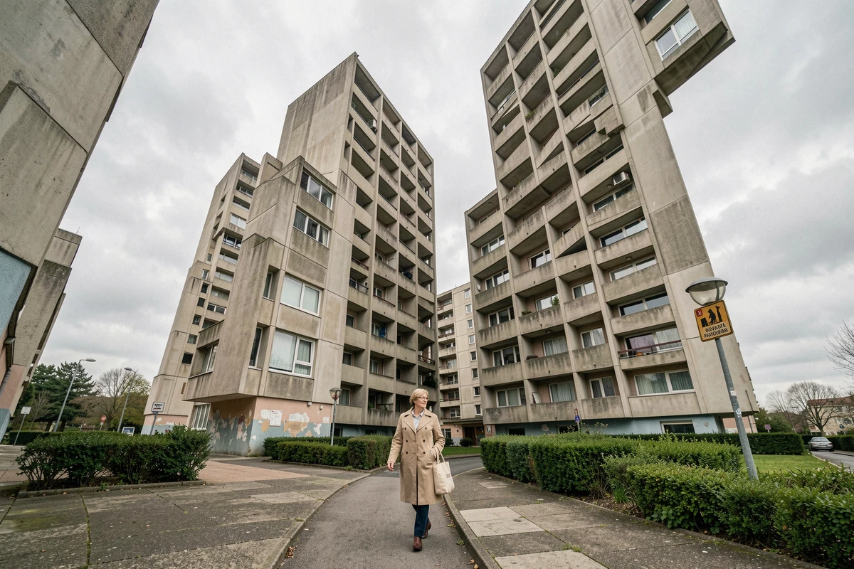 Vue en contre-plongée des tours de la Cité Pablo Picasso à Nanterre avec une passante sur le chemin piétonnier, architecture brutaliste en béton des années 1970