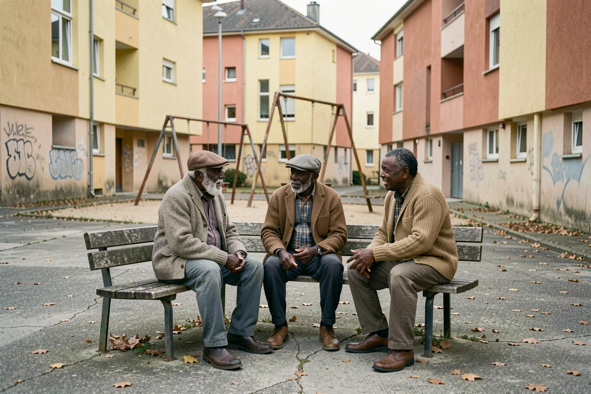 Trois hommes âgés discutant sur un banc dans la place centrale de la Cité Pablo Picasso à Nanterre, ambiance de quartier populaire en Île-de-France