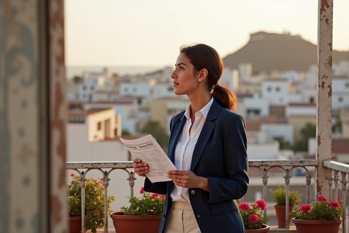 Femme marocaine comparant des offres d'appartements anciens et neufs depuis un balcon à Agadir