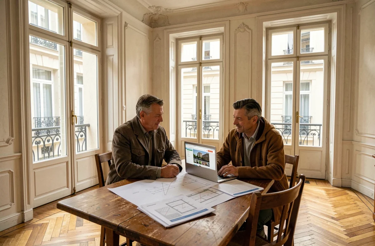 Couple en train de comparer des projets immobiliers neuf et ancien dans un appartement haussmannien rénové à Lyon
