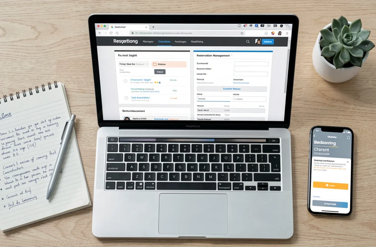 Vue aérienne d'un bureau avec comparatif de plateformes de réservation affiché sur ordinateur portable et notes manuscrites