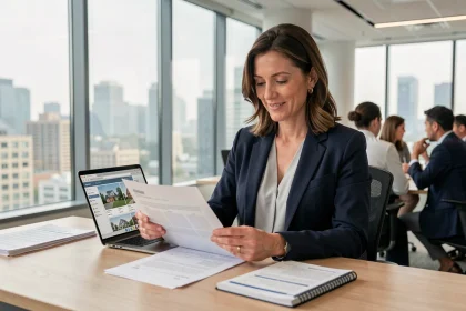 Conseillère immobilière expérimentée analysant des dossiers d'investissement dans une agence moderne en 2026