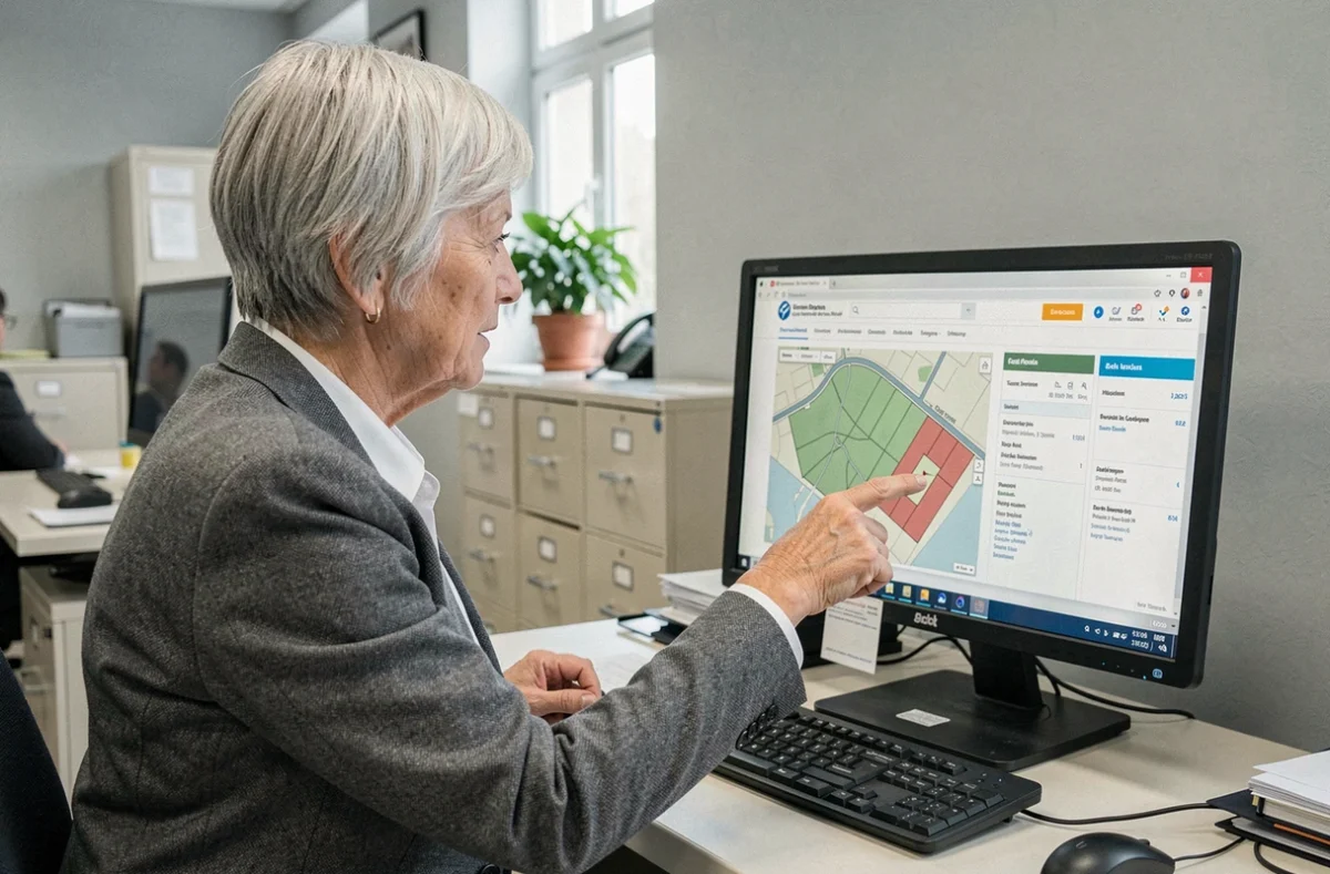 Femme consultant le cadastre en ligne sur ordinateur dans une mairie pour identifier le propriétaire d'une parcelle immobilière