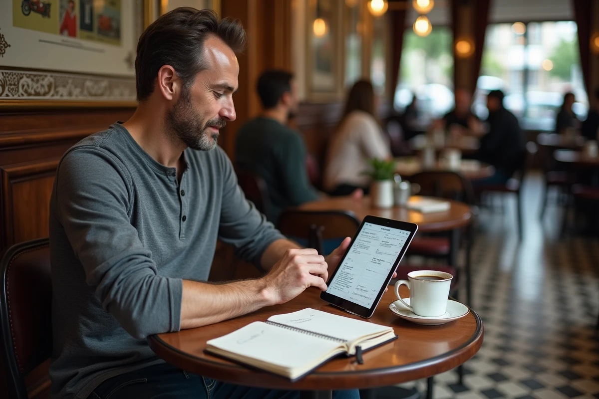 Homme consultant le calendrier d'annonces locannonce Paris 2026 depuis un café bistrot parisien