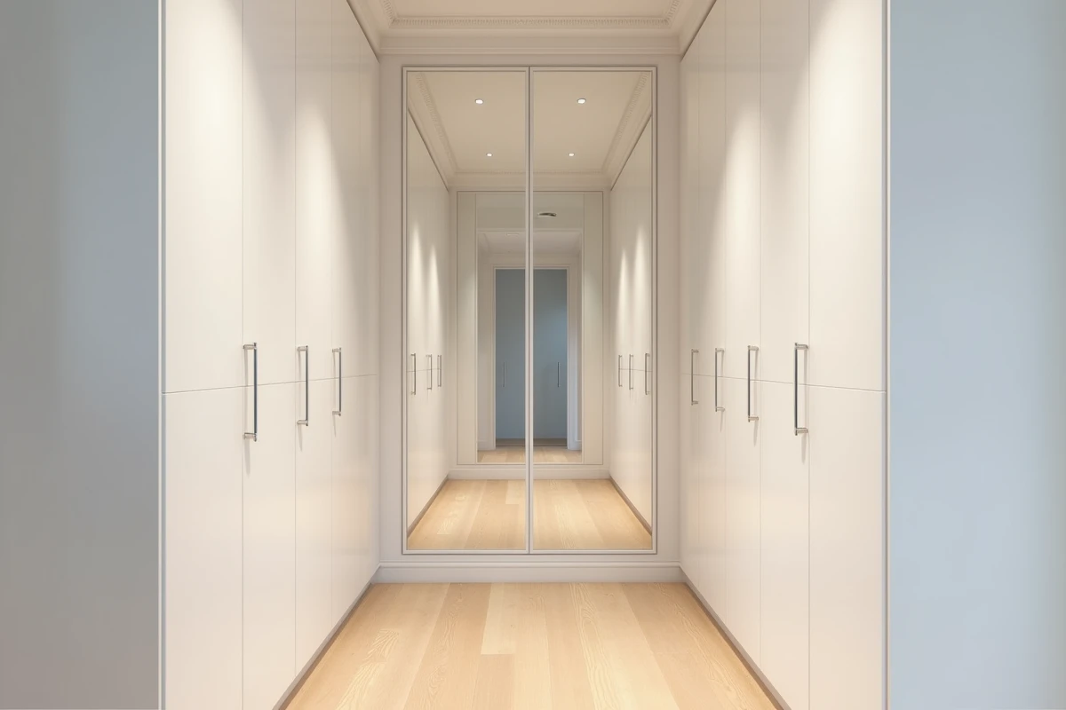 Couloir d'appartement haussmannien optimisé avec rangements intégrés et miroir mural pour agrandir visuellement l'espace