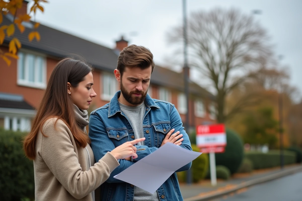Couple d'acheteurs immobiliers consultant un rapport ERRIAL devant une maison à vendre révélant un risque de pollution du sol