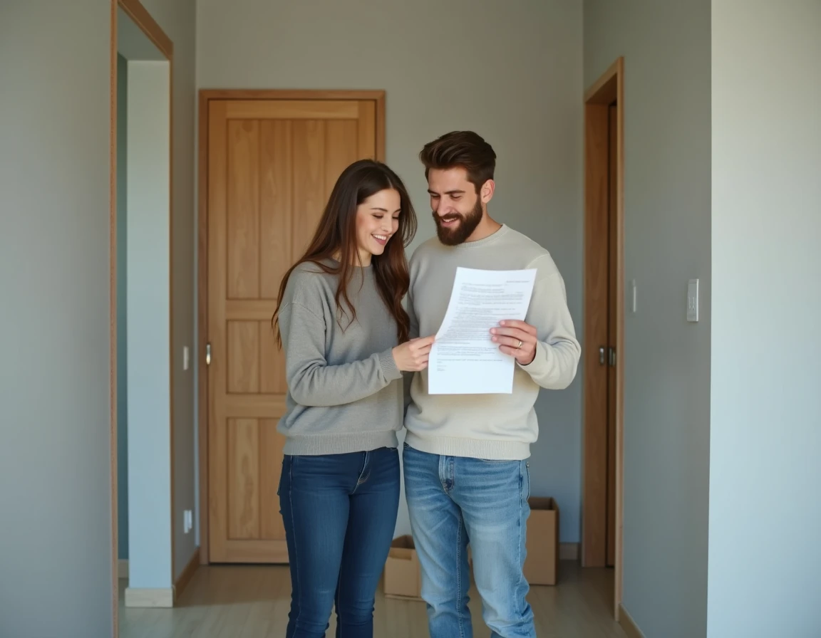 Un jeune couple examine leur contrat de bail après attribution d'un logement social HLM avant l'emménagement