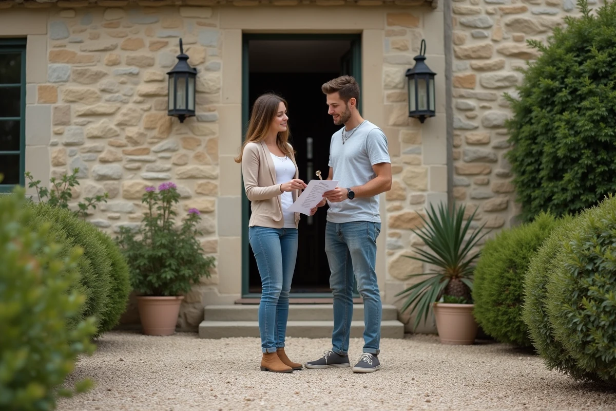 Jeune couple discutant devant une maison en pierre